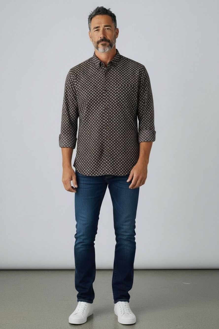 Raga Man Button Down Pattern Cotton Brown Sz XL Shirt